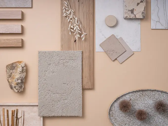 Moodboarderstellung-Interior-Design-anfragen verschiedene Materialien zu einem Design Konzept zusammengelegt